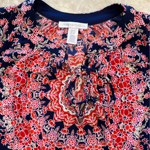 NEW London Times | Floral Geo Print Midi Sleeveless Shift Dress | Blue/Red | 10 - Picture 9 of 11